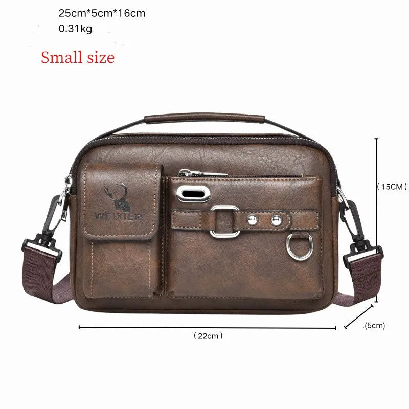 Brown men's PU leather crossbody shoulder bag with a top handle and flap closure