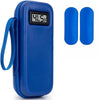 A blue insulin cooler travel case with a digital thermometer displaying 41.5°F, shown next to two blue temperature sensors.