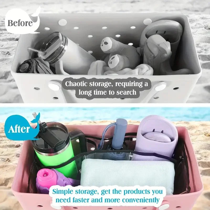 Before and after comparison of a waterproof transparent beach bag organizer showing chaotic storage versus simple organized s
