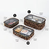 Three leopard print clear cosmetic bags labeled S, M, and L shown with dimensions.