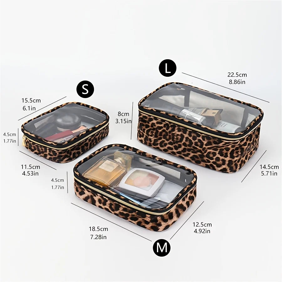 Three leopard print clear cosmetic bags labeled S, M, and L shown with dimensions.