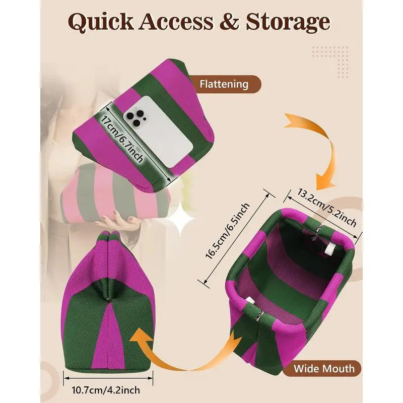 A purple and green striped knit clutch bag shown with a flattened version and its wide mouth detail.