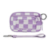 A purple and white checkered multi-functional zipper wallet with a metal keychain attached.