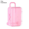 A pink miniature doll suitcase with a handle and clear plastic body.