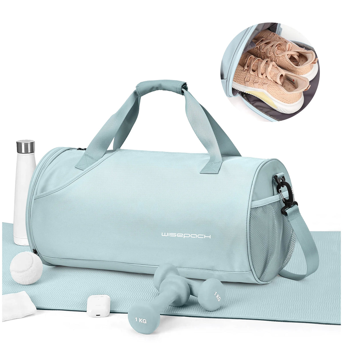 Light blue waterproof travel duffel bag with a shoe compartment and weighing scale visible.