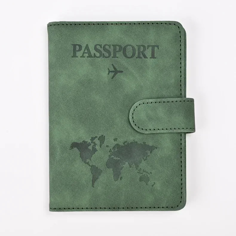 A dark olive green genuine PU leather passport and ticket wallet cover featuring a world map design.
