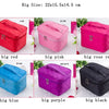 A collection of quilted cosmetic storage boxes in various colors including red, pink, blue, purple, and black.