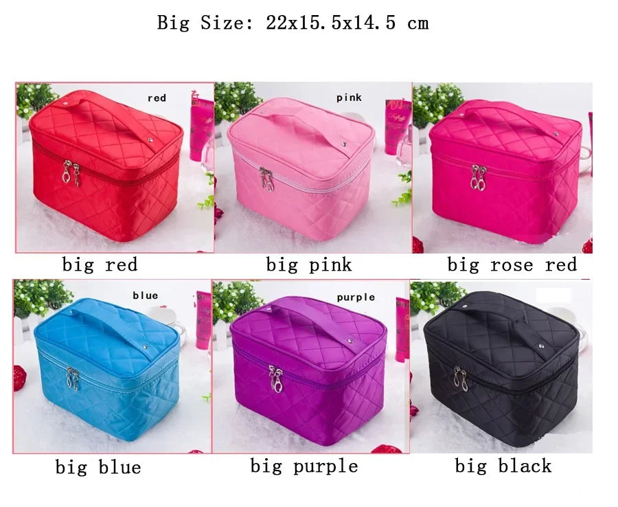 A collection of quilted cosmetic storage boxes in various colors including red, pink, blue, purple, and black.