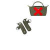 A dark olive green leather crossbody strap with a red cross design.