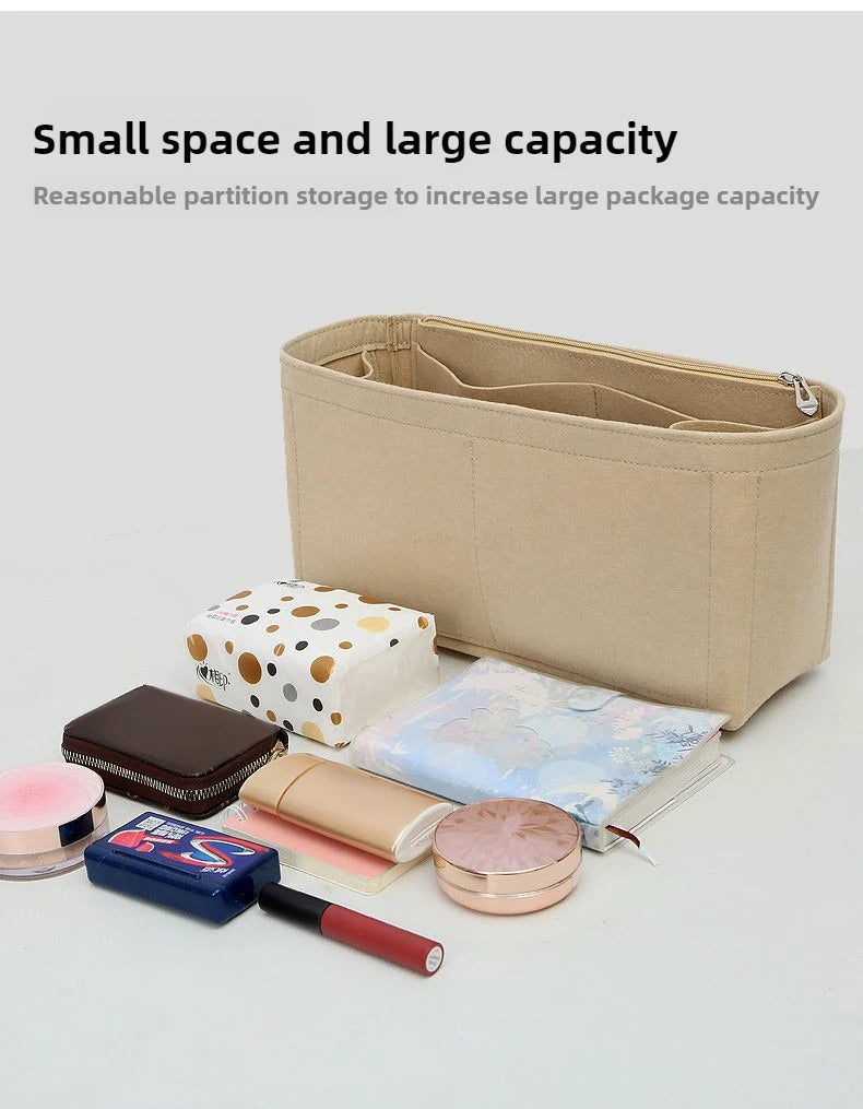 A beige felt bag organizer insert showing various cosmetic and small items like lipsticks and powders.