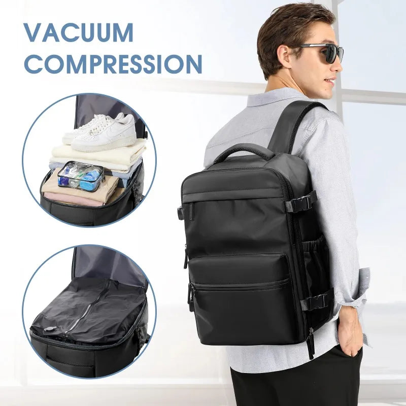 A man is holding a black expandable vacuum compression travel backpack with various storage options.