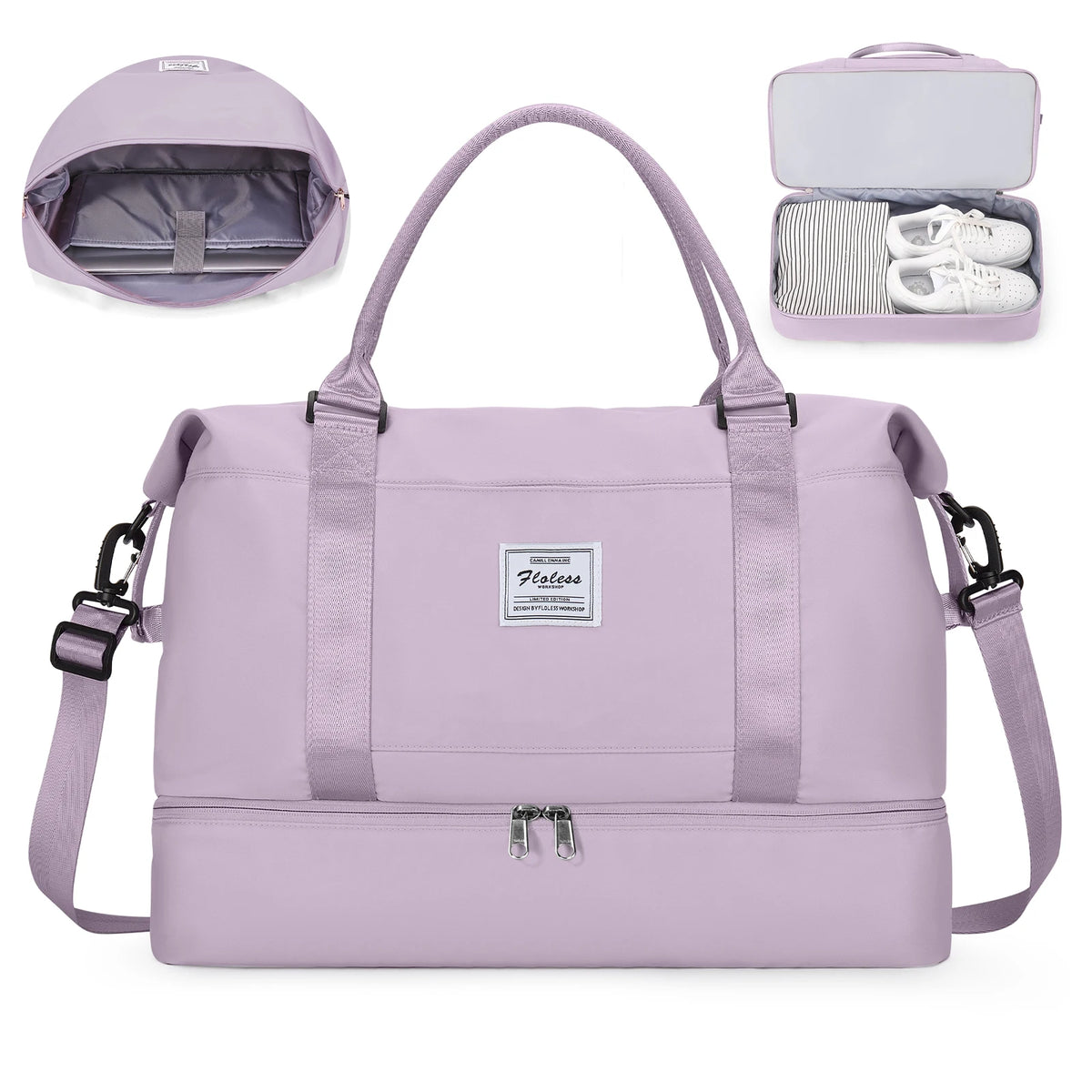 Maleta de viaje lavanda con asa, que cuenta con un compartimento interior y una sección exterior para zapatos.
