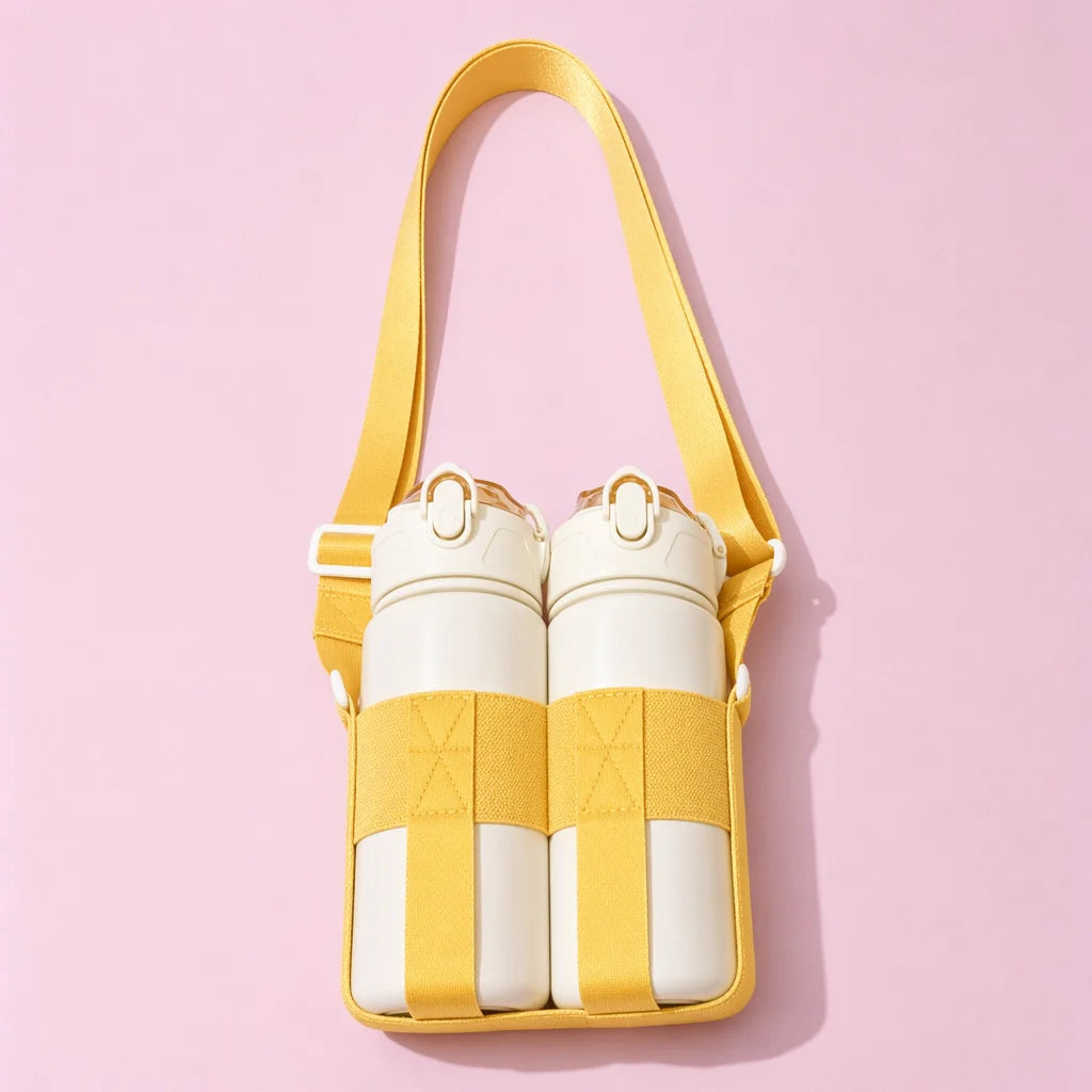A yellow crossbody sling water bottle bag with two white bottles visible.
