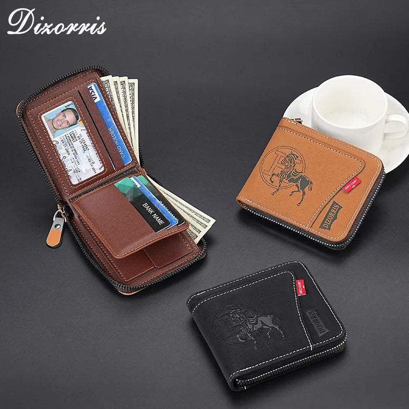 A brown nylon wallet with a zipper closure is shown open, displaying cash and cards, next to a closed version.