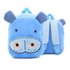 A light blue cartoon animal plush backpack shaped like a horse with large ears and a snout.