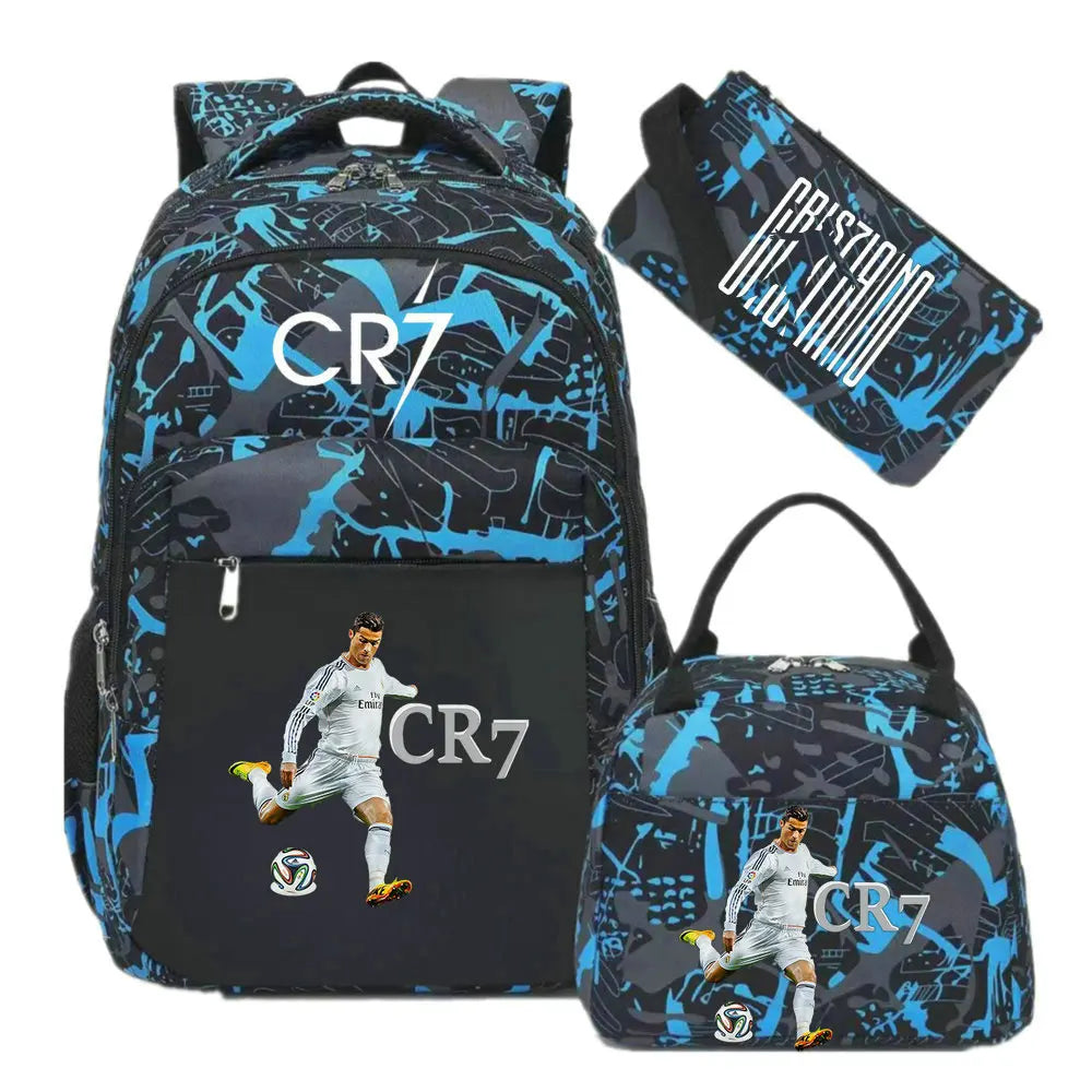 A black and blue stylish sports laptop backpack featuring a graphic of a soccer player wearing an CR7 jersey.