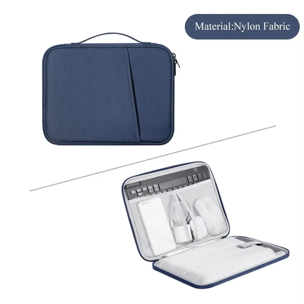 Funda protectora de nylon azul marino para tabletas y portátiles, mostrada cerrada y abierta.
