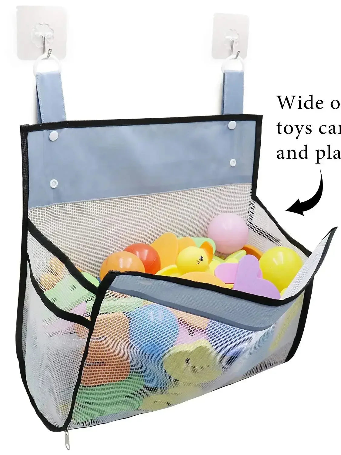 A hanging mesh bag organizer filled with various colorful bath toys and plastic items.