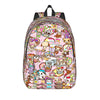 A colorful, patterned sport backpack featuring cute animal and character designs on a pink background.