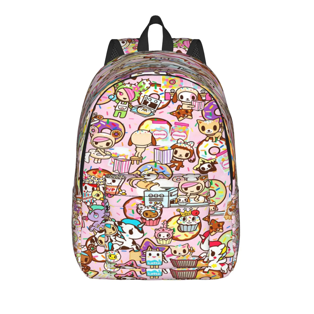 A colorful, patterned sport backpack featuring cute animal and character designs on a pink background.