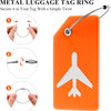 Orange silicone luggage tag ring with a white airplane silhouette and a metal tag ring.