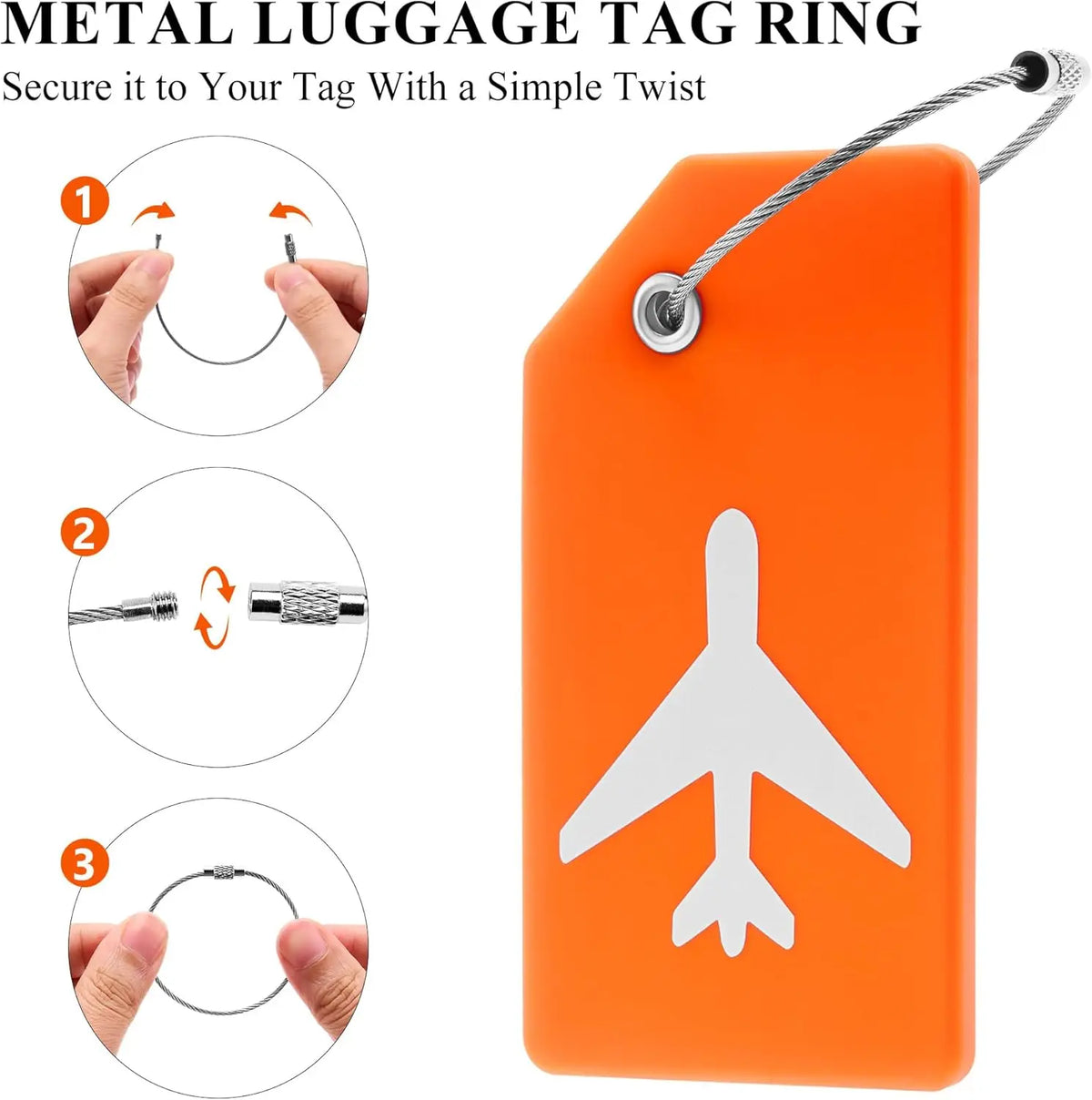 Orange silicone luggage tag ring with a white airplane silhouette and a metal tag ring.
