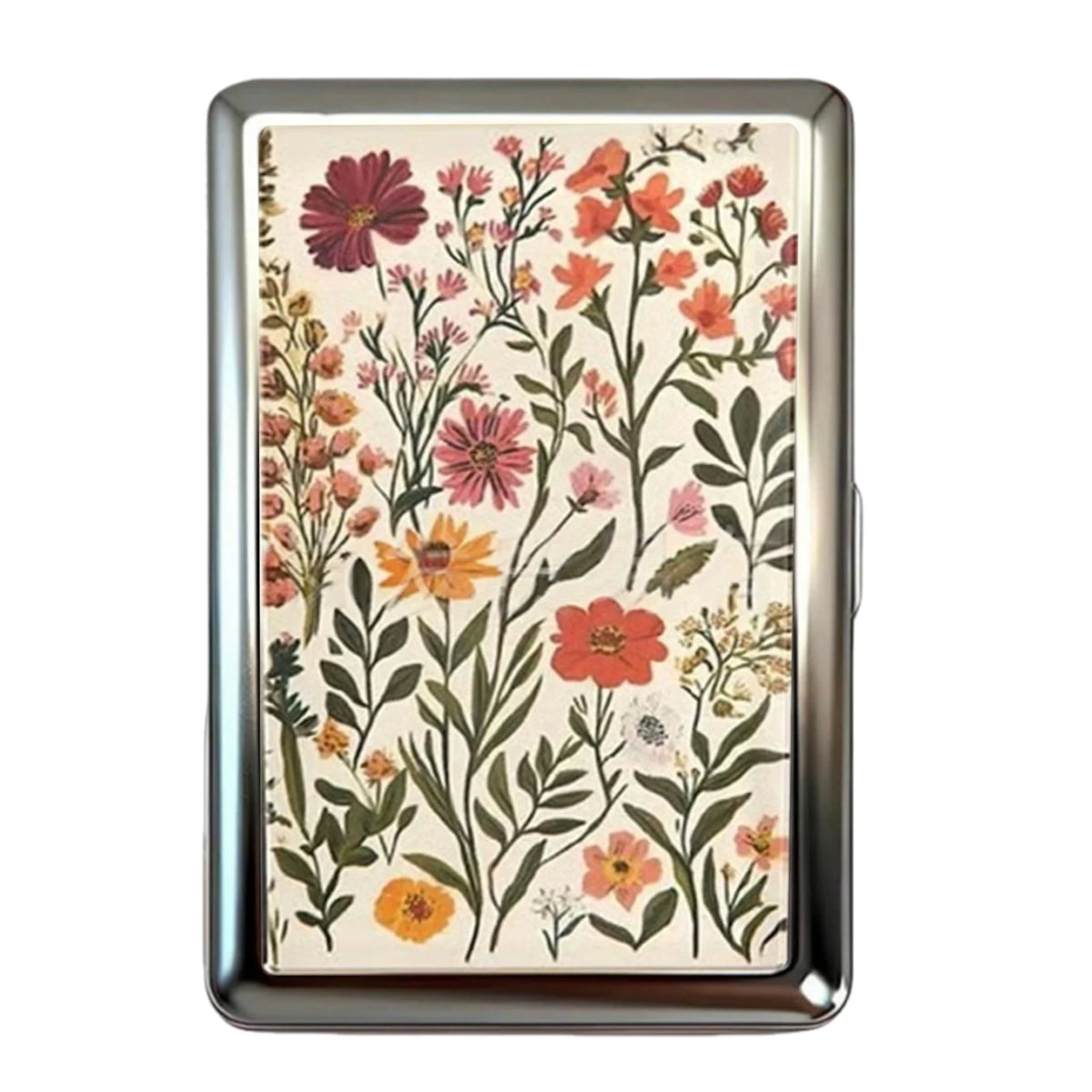 A rectangular metal card holder featuring a floral botanical design in shades of pink, orange, and green.