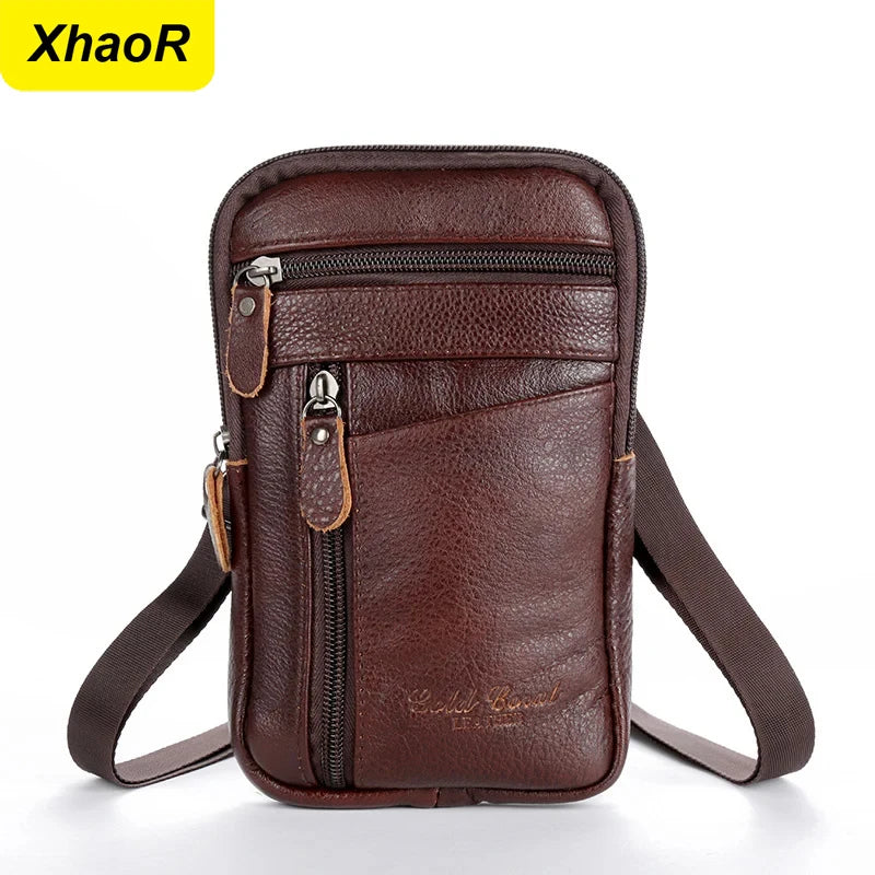 A brown genuine leather crossbody phone pouch belt bag with a zipper and adjustable strap.