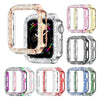 A collection of glitter diamond rhinestone bumper cases for an Apple Watch in various colors and finishes.