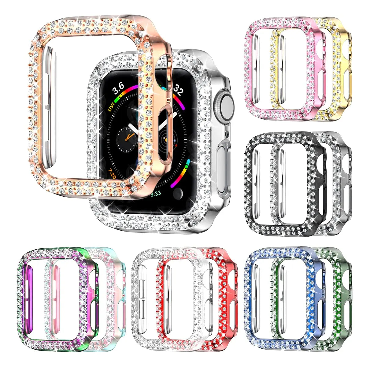 A collection of glitter diamond rhinestone bumper cases for an Apple Watch in various colors and finishes.