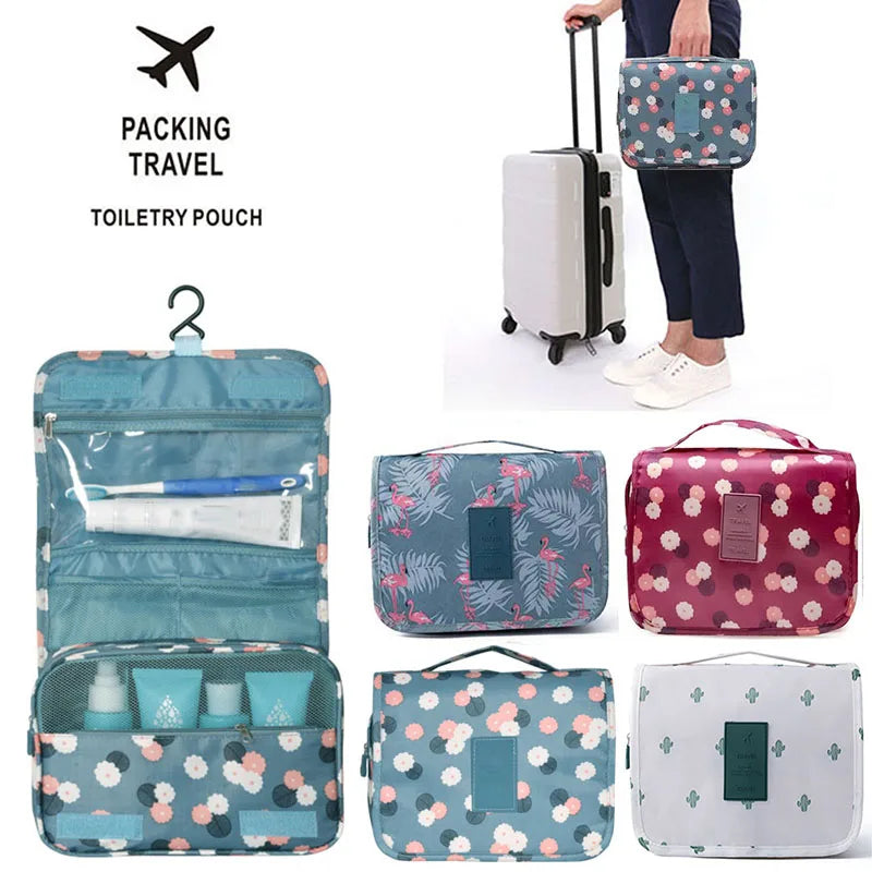 A set of multi-compartment floral print travel pouches in various shades of blue, pink, and green.
