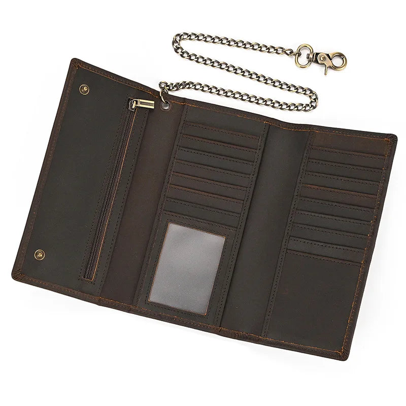 A dark brown genuine leather bifold wallet with stitching and a metal chain attached.