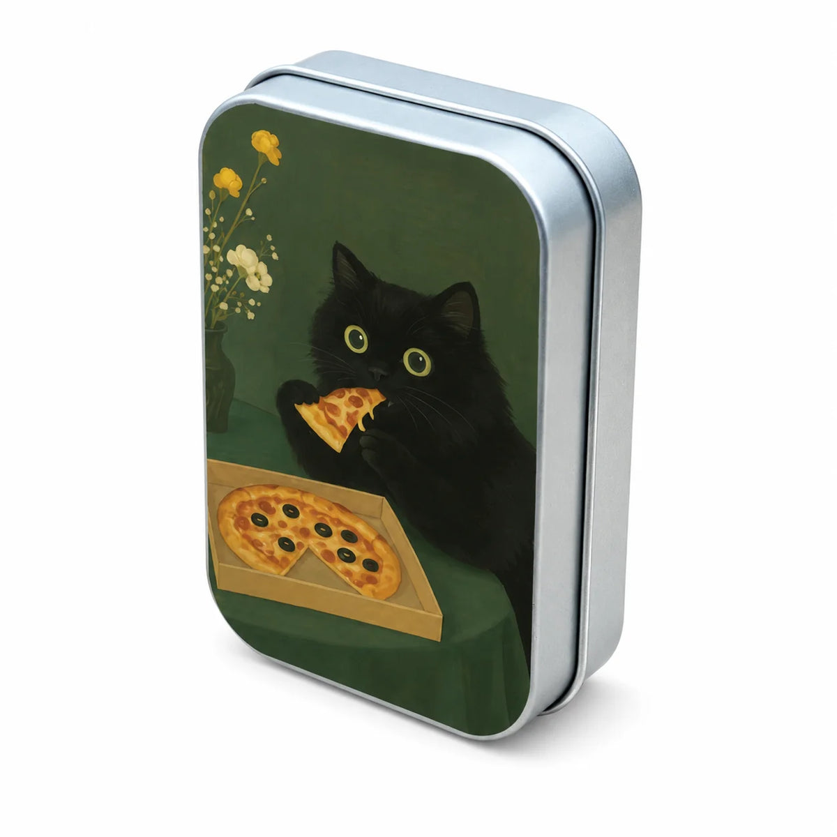 A rectangular metal storage box featuring a black cat and a slice of pizza print on a green background.