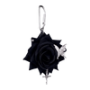 Silver keychain featuring a black velvet rose with a white butterfly and a cross charm