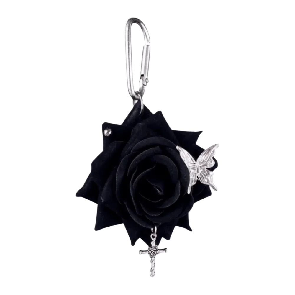 Silver keychain featuring a black velvet rose with a white butterfly and a cross charm