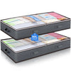 A set of three gray under bed storage organizer bins filled with colorful fabric and bedding.