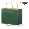 Ten reusable dark green kraft paper gift bags with natural twine handles