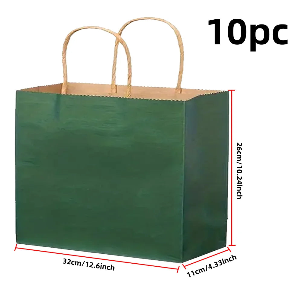 Ten reusable dark green kraft paper gift bags with natural twine handles