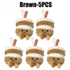 Five brown bread plush keychains with white stripes and smiling faces
