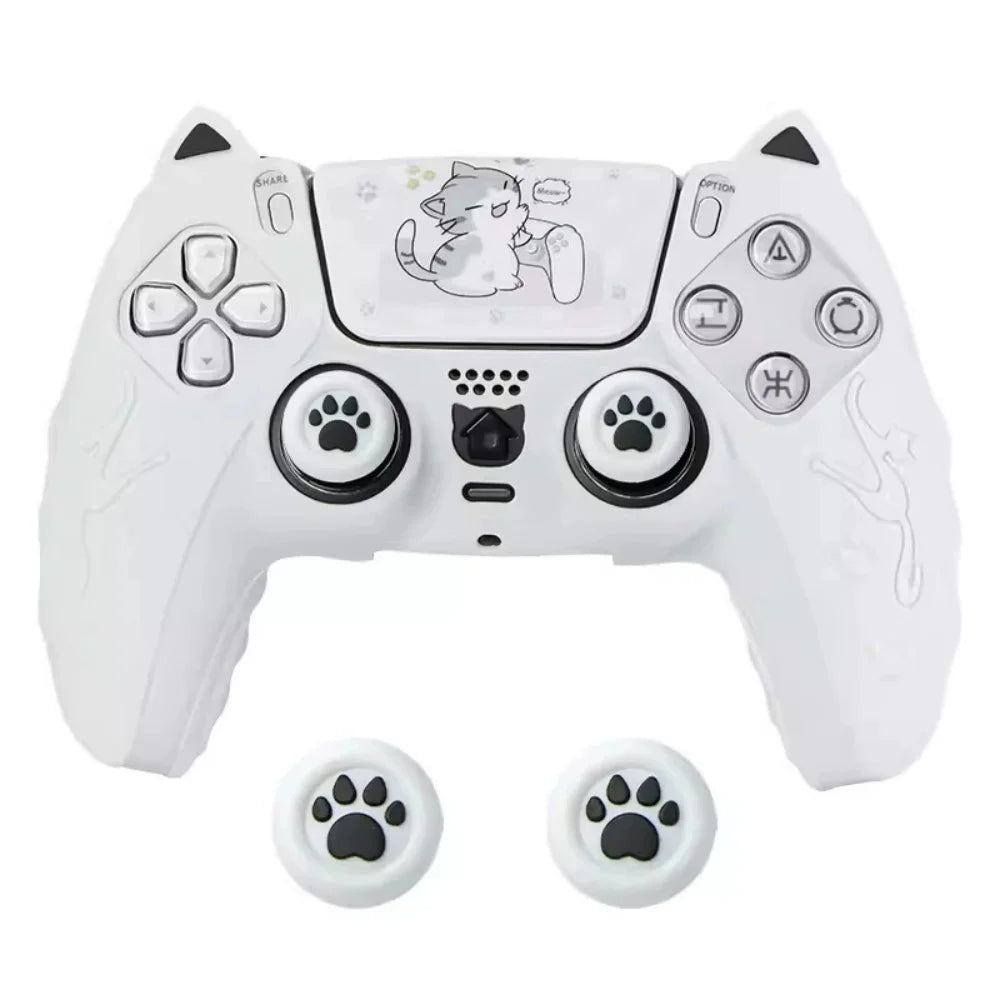 White silicone grip cover for a PlayStation controller featuring a cat design.