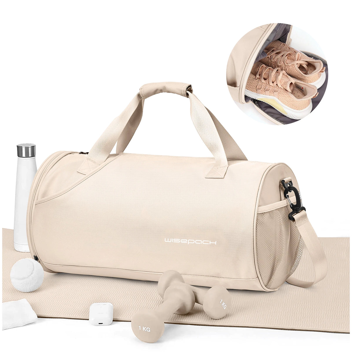 A beige waterproof travel duffel bag with a shoe compartment and accessories shown next to a pair of shoes.