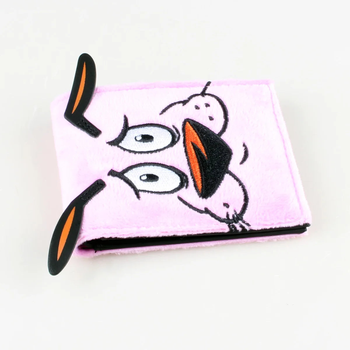 Portefeuille carte avec fausse fourrure rose et broderie anime, accents noir et orange