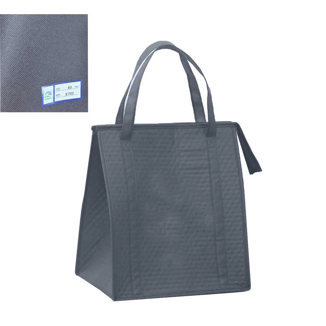 A dark gray insulated tote bag with black handles and a textured surface.
