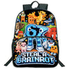 A black backpack featuring a colorful design of a dragon and other characters for kids.