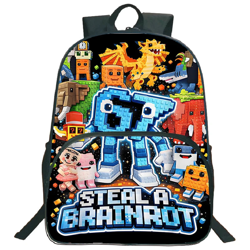 A black backpack featuring a colorful design of a dragon and other characters for kids.