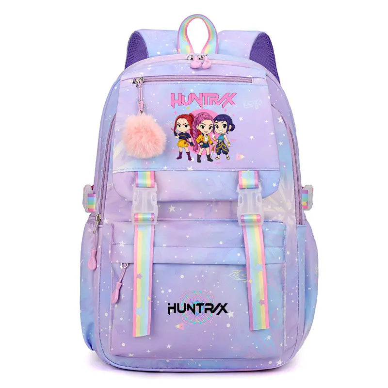 A purple and pink Hunterx laptop backpack featuring a sparkly design and three stylized characters.