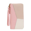 A light pink and cream colored fashion zipper wallet with a stitched design.