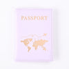 A light purple passport holder wallet with gold foil printing of a world map and the word PASSPORT.