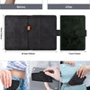 Cartera o porta pasaporte de cuero PU genuino, mostrada en diferentes colores y ángulos.