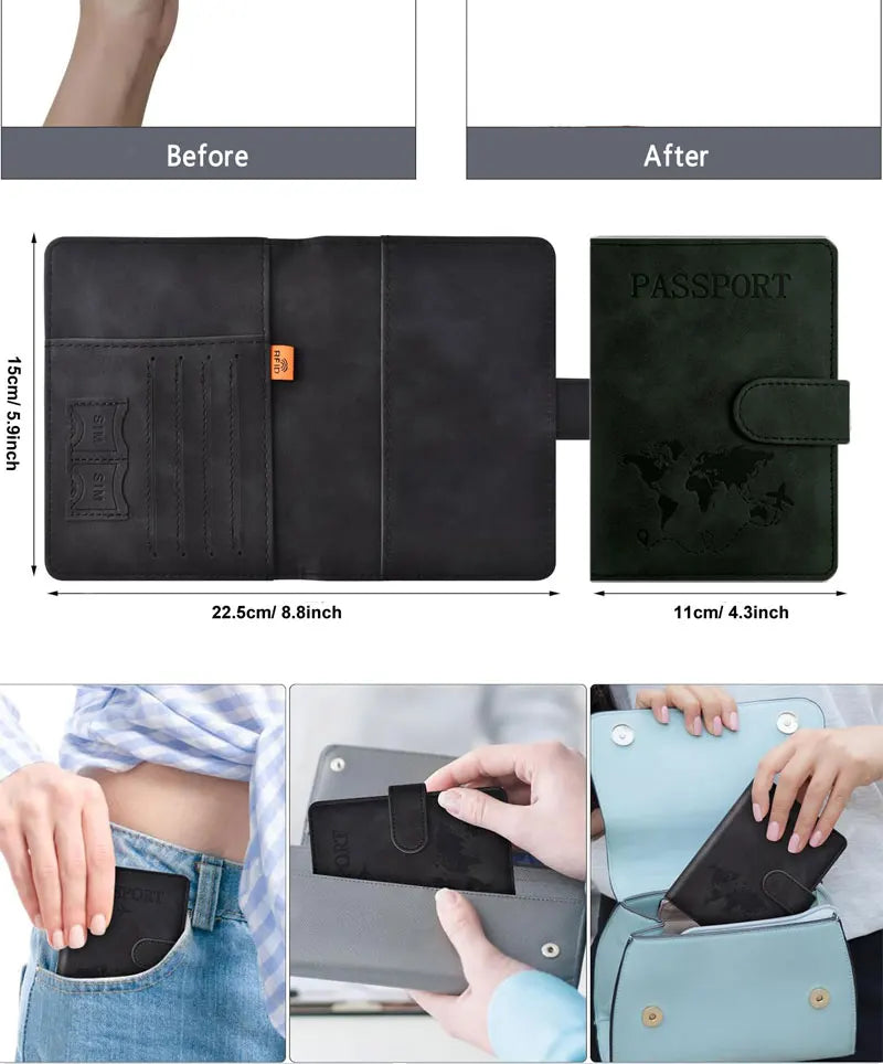 Cartera o porta pasaporte de cuero PU genuino, mostrada en diferentes colores y ángulos.